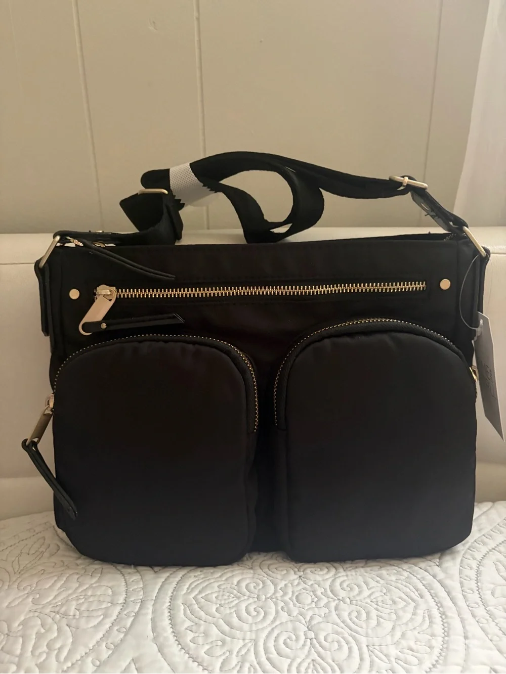 Black Nylon Crossbody with Twin Front Pockets and Gold Hardware